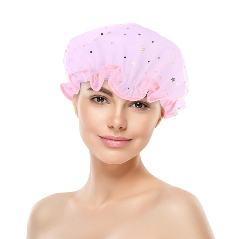 Double Layer Star Pattern Waterproof Shower Cap Thick Reusable Spa Hair Protection For Women - Image 5